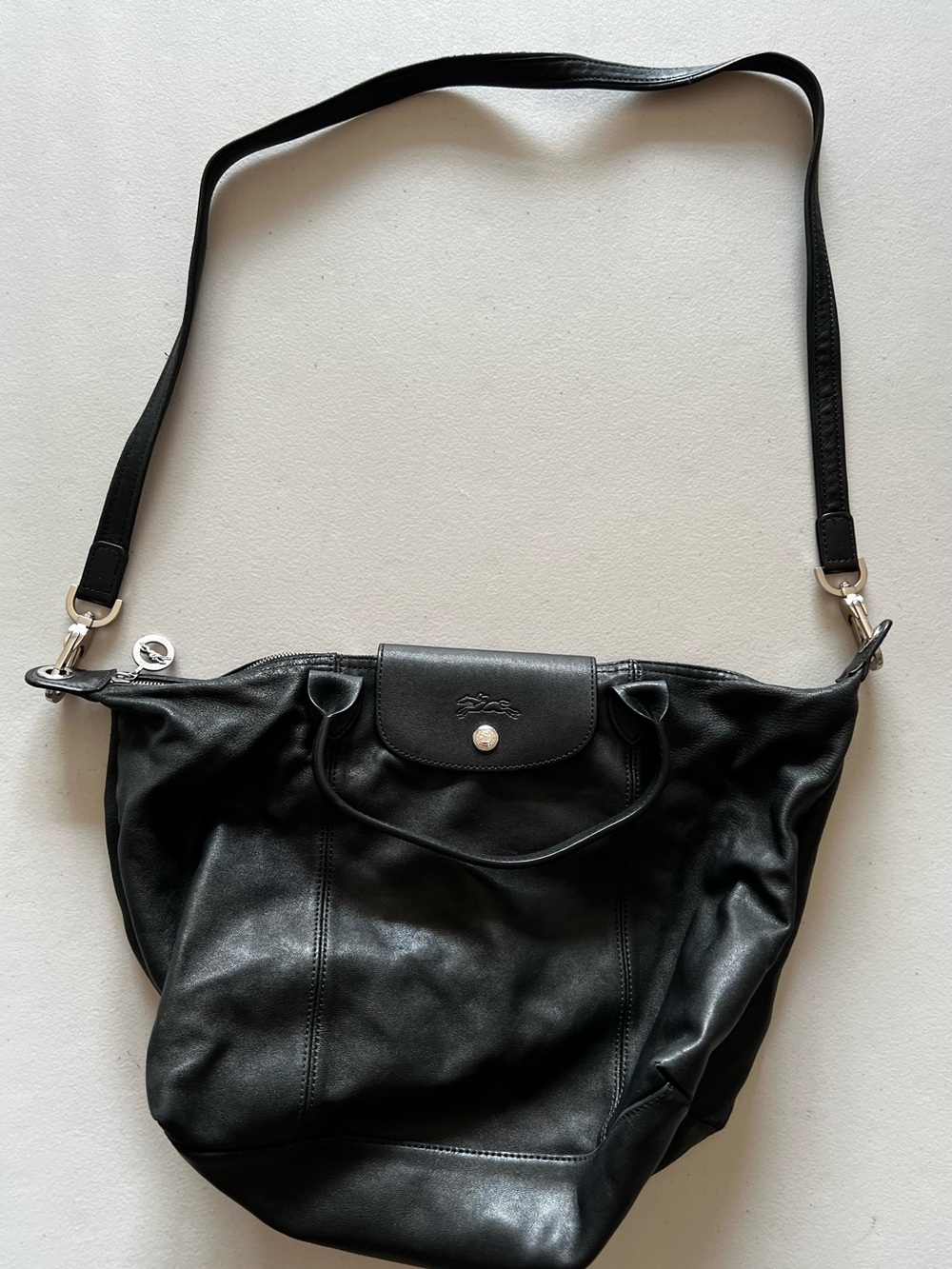 Longchamp Black Leather Shoulder Bag with Snap Flap
